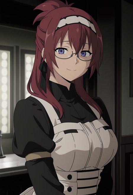 1girl,solo,mm,mature female,red hair,purple eyes,long hair,glasses,anime coloring,
hairband,maid,apron,upper body, looking at viewer, smile,indoors
,masterpiece,best quality,amazing quality,<lora:Lilya_Greyrat-Mushoku_Tensei_ix:0.8>