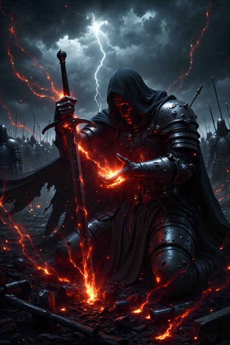 A hyper-realistic portrait, photorealistic photo close-up image of In the heart of a smoldering battlefield littered with the broken weapons of fallen soldiers, a once-noble knight kneels before a shimmering, spectral figure dressed in black armor. The knightâs own armor is battered and scorched, his hands bloodied and shaking as he reaches for the obsidian sword offered to him by the ghostly figure. The sword pulses with a deep crimson light, as though it carries the essence of all the lives taken by it, and the air around it hums with dark energy. The battlefield is eerily silent, the cries of the dying and the clash of steel long gone, replaced by the low, seductive voice of the figure promising the knight endless victory, vengeance, and power. The knightâs face is gaunt and exhausted, his eyes hollow from the weight of the war, and yet thereâs a flicker of hope, a dangerous desire for the strength to end his enemies once and for all. Above, storm clouds gather, swirling ominously as lightning flickers in the distance, casting the scene in harsh, flickering light. Behind the knight, the bodies of his comrades lie forgotten, their sacrifices fading from his mind as he is drawn deeper into the figureâs chilling offer. The sword is so close now, and with one simple choice, the knight knows he will either save or damn his soul forever. (photography, high-resolution, dynamic, energetic,hyper-realistic, dramatic lighting, shallow depth of field.), MythP0rt<lora:DnDDarkestFantasy:0.5><lora:FluxMythP0rtr4itStyle:0.75><lora:Dever_Flux_Enhancer:0.5><lora:Aura_Flux-000010:0.6>