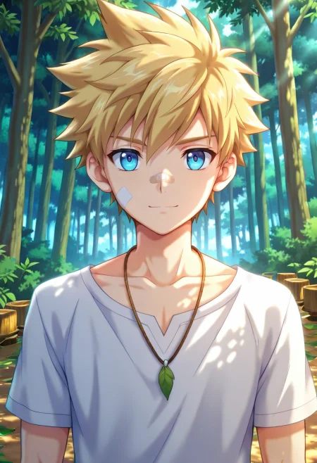 masterpiece, best quality, , anime screencap, , , looking at viewer, , 1boy, solo, male focus, <lora:connor_bleufin_ilxl:0.9>, connor_bleufin, blonde hair, blue eyes, short hair, spiked hair, bandaid on face, necklace, forest sanctuary, tree temples, leaf paths, wooden shrines, peaceful pose, serene expression, filtered light,