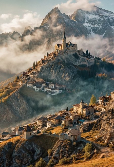 their peaks veiled in mist. mixed media, surrealism, great lighting, A surreal landscape highly detailed . extremely high-resolution details,  appears trapped in an optical illusion of reflections and refractions colorful , mountains and village in Turkey, professional photography, natural lighting, volumetric lighting maximalist. intricately detailed, complex, elegant, expansive, fantastical, film photography style,  medium grain