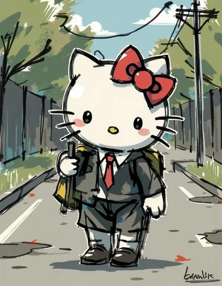 a digrngbrsh style sketch of a hello kitty going to school