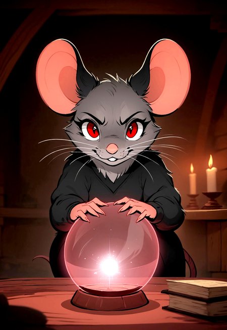 score_9, score_8_up, score_7_up, score_6_up, score_5_up, score_4_up,
[][][]
(((mouse))), (feral:1.5), female, solo, (solo), (fluffy), (fluffy cheeks:0.7), (cute)
[][][]
flat color, in the style of Beatrix Potter,
[][][][][]
(black dress), grey fur, black ears, red eyes, (side view:0.8), indoors, cottage, (upper body shot, head focus:1.5), rustic cottage, dark, (magic:1.5), (evil expression:2), (dark, night, nighttime), (looking at viewer), (magic spell), candles, hud_cryst4l_b4ll, glowing, ((crystal ball, orb)), upper body, table,