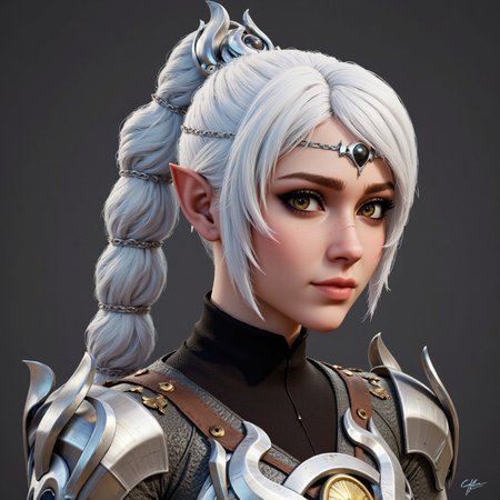 A female character rendered in a whoville-inspired art art style. This is a highly detailed digital illustration of young woman with fantasy aesthetic. The image rendered in hyper-realistic style, meticulous attention to textures and lighting. subject has fair, smooth complexion hint freckles, pointy ears, large, expressive black eyes. Her white hair styled high ponytail thick braid, adorned silver crown-like headpiece that features intricate, ornate designs. crown focal point, adding regal otherworldly touch her appearance.
She wears dark, high-necked garment metallic, shoulder armor slightly worn, weathered look, suggesting character history adventure or battle. intricately sharp, angular edges rivets, giving it rugged yet elegant appearance. enhancing three-dimensional effect. lighting soft directional, highlighting contours face creating sense depth realism. blend realism, capturing both delicate beauty warrior spirit subject.