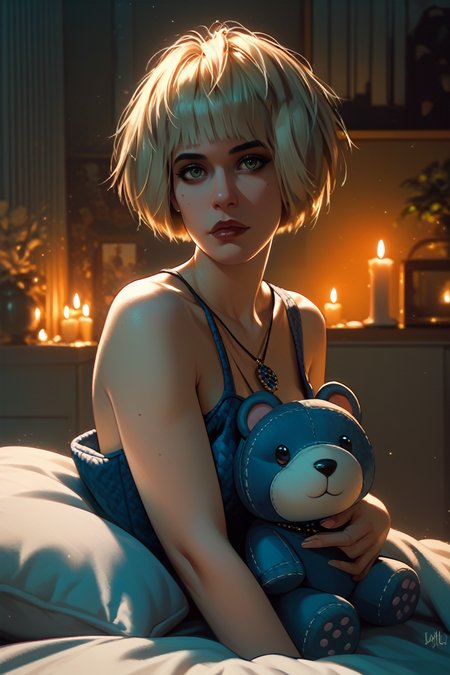 score_9, score_8_up, score_7_up, score_6_up
<lora:CyberMisty:0.8>
CyberMisty, 1girl, blonde hair, looking at viewer, reclining on a plush bed, satin sheets, dimly lit room with candles, soft shadows on the walls, intimate and luxurious setting