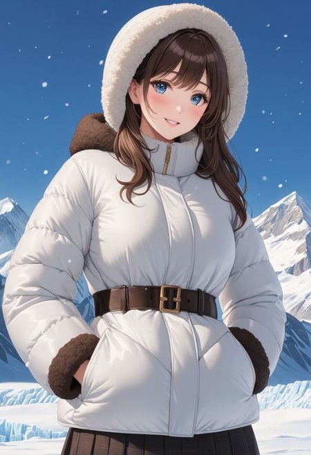 ((((white Oversized shearling down jacket)))), ((((white Oversized shearling puffer jacket)))), ((((white Oversized shearling winter clothes)))), ((((very very cold, in cold)))), ((((semi-realistic)))), ((((puffer hood)))), ((medium knee office skirt, pantyhose, boots)), ((((full body)))), ((sharp eyelid, eyeliner, eyelashes, beautiful detailed eyes, tsurime, long messy brown hair, blue eyes, perfect anatomy)), detailed fingers, solo, smile, standing, icefield, ((((masterpiece)))), ((((best quality)))), ((intricate details)), RAW, 8K UHD, (1girl), office lady, detailed face, beautiful face, charming, bonny, (((blush))), (((heavy breathing))), (((feels orgasm))), wind, (Thick padded collar:1.4), (TSH:1.4), (Thick padded cuffs:1.4)