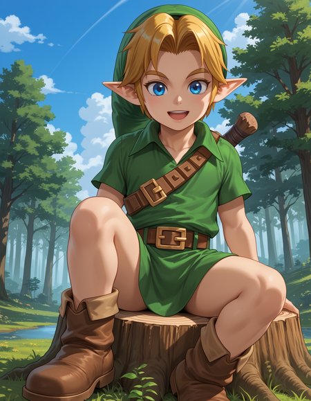 score_9, score_8_up, score_7_up, source_anime,perfect face, detailed, intricate details, highres, absurdres
BREAK
YLink, 1boy,young, solo,sitting on stump, thighs,green hat, blonde hair, pointy ears, blue eyes, green tunic, brown belt, brown boots,
smile,open mouth,
forest,sunshine, blue sky, clouds, nature
BREAK
<lora:Young_Link_The_Legend_of_Zelda:1> , <lora:add-detail-xl :1>