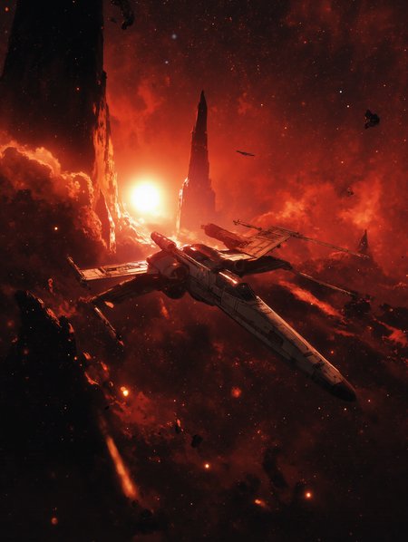 The X-Wing fighter pierces the cosmic abyss, its silhouette blackened against the raging inferno of a red-orange nebula. Towering columns of star-forged dust spiral through the void, their glowing tendrils stretching like celestial storms. The distant constellations shimmer faintly, their cold light swallowed by the nebulaâs chaotic brilliance.
Its battle-worn hull bears the scars of countless dogfightsâcarbon scoring, weathered plating, the deep etchings of warâeach detail rendered with stark realism. As it ascends, the shipâs ion engines flare, casting a faint glow that barely holds against the overwhelming vastness. Scattered debris from forgotten battles drifts through space, catching the nebulaâs crimson light in flickering reflections.
The contrast is striking: the X-Wing, a shadow against the molten sky of deep space, its edges kissed by subtle lens flares. Light bends through the gaseous tendrils, creating a surreal bokeh effectâthe distant stars softened, the nebulaâs fire sharpened into a swirling masterpiece of destruction and birth.
It presses forward, cutting through the stellar tempest, a lone vessel against the eternal vastnessâa sliver of defiance soaring through the chaos of creation.