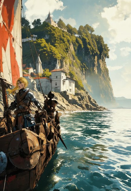 Close up shot. Image is a high resolution anime style artwork featuring a beautiful viking female character on a longship in the middle of the sea. She is surrounded by tall bearded dark-skinned men. Off in the distance is a beautiful and serene island with a rural village. At the front of the viking longship is the female viking clad in simple chainmail armor with a red and white striped talbard over it and a fur cloak. She has an exotic braided blond hairstyle with brown eyes. Her expression is a sinister one of a yandere. The longship has different colorful round shields along the side of it with a striped red and white sail. In the background is fog, a small village, open ocean, grassy island, small monestary,  <lora:RealAnimeFLUX:0.9> <lora:RM_Illustrify_v1.0MFLUX:0.5>