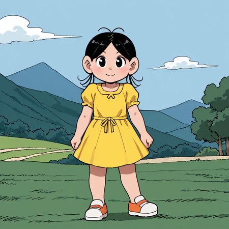 outdoors,  <lora:MagaliV2:1> MagaliTDM, 1girl, solo, short-sleeved yellow dress, black hair, three strands of hair that seem to resemble pigtails, black eyes, short,