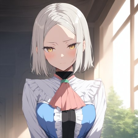 upper_body,masterpiece,high score,great score,absurdres,<lora:Yukine_Mare ag4o v1:1> yukine_mare, grey hair, short hair, yellow eyes,ascot,frills,long sleeves,