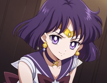 score_9, score_8_up, score_7_up, source_anime, <lora:hotaru-tomoe-eternal-movie1-ponyxl-lora-nochekaiser:1>, hotaru tomoe, purple eyes, short hair, purple hair, circlet,, brooch, choker, earrings, gloves, jewelry, magical girl, miniskirt, purple sailor collar, sailor collar, sailor senshi uniform, skirt, star choker, white gloves,, indoors, bent over, smile, looking at viewer, solo,, cowboy shot, dutch angle