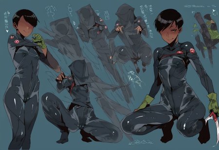 score_9, score_8_up, score_7_up, score_6_up, score_5_up, score_4_up,  1girl,  black eyes, green tree, ((midnight)), tilted angle, loop lighting, (((forest))), solo, ((((holding sickle)))), Concept Art, (((((((camo bodysuit))))))),  flat breasts, flat ass, skinny leg, skinny body, slim girl, (18 years old)), ((pettie)), narrow waist, flat chest, , (((short))), flat breasts, flat ass, narrow waist, ((flat chest)), (((short))), ((flat chest)), (((anorexic))), ((((dark skin woman))))), (((tight green glove))), ((((bodysuit)))), black hair, (((pixie cut))),  (((smug))), ((green glove)), , ((nipple)), ((((((dynamic pose)))))))   , ((((((dynamic hand))))))) , ((((((dynamic leg))))))) ,(((((((transparent black bodysuit)))))), ((((lesbian))))), ((((crouched on a very high tree)))), ((((character sheet)))), (black face), faceless