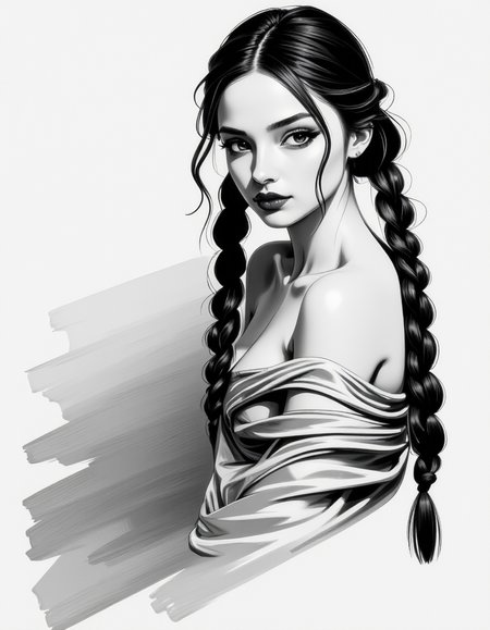 zavy-fnrt , This is a highly detailed, hyper-realistic black and white drawing of a young woman with a striking expression. She has a fair complexion, long, wavy hair styled in two braids that fall over her shoulders, and dark, expressive eyes that gaze directly at the viewer. Her lips are full and painted in a deep, rich shade of red, adding a dramatic contrast to the monochromatic background. She is partially draped in a loose, flowing garment that is rendered with soft, feathery strokes, giving it a delicate, almost ethereal texture. Her physique is slender, and she is posed in a three-quarter view, turning her head slightly to the left. The background is minimalistic and abstract, consisting of soft, smudged lines and gradients that emphasize the subject without distracting from her features. The overall style of the drawing is highly realistic, with meticulous attention to detail in the textures and shadows, creating a sense of depth and realism. The image conveys a sense of intimacy and sensualism. <lora:ck-greasepencil__:1> <lora:Add_More_details_Flux:1>