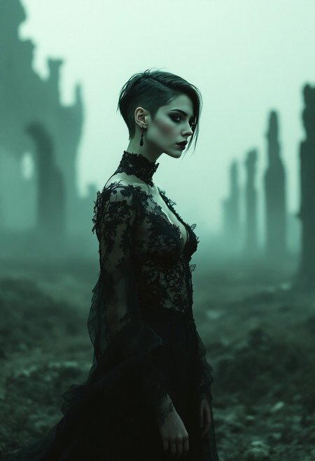 Ethereal Elegance Amid Ruins, A solitary woman stands in a desolate post-apocalyptic field, framed by the haunting silhouettes of crumbling ruins in the background. She exudes a gothic, otherworldly beauty, dressed in a lace-patterned gown with intricate detailing that flows gently against the muted green-grey tones of the scene. Her hair is styled in a sleek, minimalist berry-short cut, which accentuates the sharp contours of her face and adds to her striking presence.
The atmosphere is enveloped in fog and mist, softening the jagged edges of the ruins while emphasizing her isolated elegance. Low-key lighting casts deep shadows across her form, creating a delicate interplay of light and darkness. The subtle film grain texture enhances the eerie, muted cinematic palette, with ambient shadows lending the scene a melancholic yet sophisticated aura.
Her expression is both introspective and resolute, embodying a sense of gothic horror that is understated yet palpable. The decayed remnants of civilization behind her serve as a stark contrast to her timeless beauty, merging themes of destruction and grace in an evocative, fashion-forward editorial portrait.