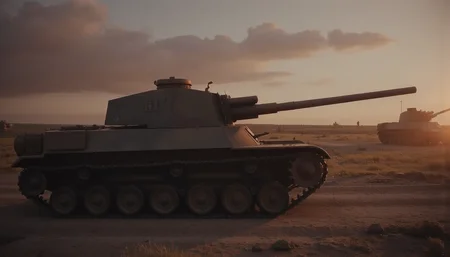Realistic depiction of the battlefield, Masterpiece, Top quality, World War II (1.5), Harsh battlefield atmosphere (1.4), Gunpowder, Exquisite weapons (1.0), Atmospheric lighting (1.1), Cinematic composition (1.2), Historical accuracy (1.4), Angel's ladder, <lora:type4:1>type4,1 tank,from side,