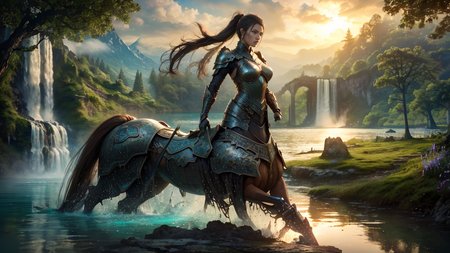 realistic analog photo, award winning photo,
 <lora:FantasyLandscape-10:0.75> fanlan, waterfall into a lake, lake spanning bridge, 
 <lora:CentaurConcept_v1:0.75> armored female centaur, wearing reigns, wearing saddle,
RAW, highres, 8k, uhd, High Dynamic Range, tonemapping, crisp details,