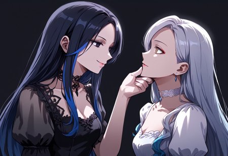 anime, two girls, adult, empty eyes, hypnotized, blank expression, expressionless, chin grab, licking face, handfixer, staring at another, looking into eyes, long hair, hair highlights, choker, sexy smile, fancy dress