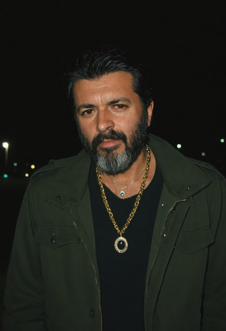 nighttime, 1boy, male focus, beard, solo, facial hair, necklace, jewelry, black hair, jacket, mature male, <lora:sdxl_nighttime:1>