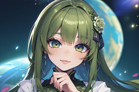(masterpiece:1.4), 4K8K, (anime style), (high shutterspeed:1.4), (sharp edges), 
SyFyEye1, FanFo, 
1woman  hands togather,  leaning foward, face focus, smile, closed mouth, 
wearing Celtic style dress, (Detailed face, Detailed eyes, Detailed lips), (solo), 
olive hair, any colored roses, Fantastic, turf, planet,