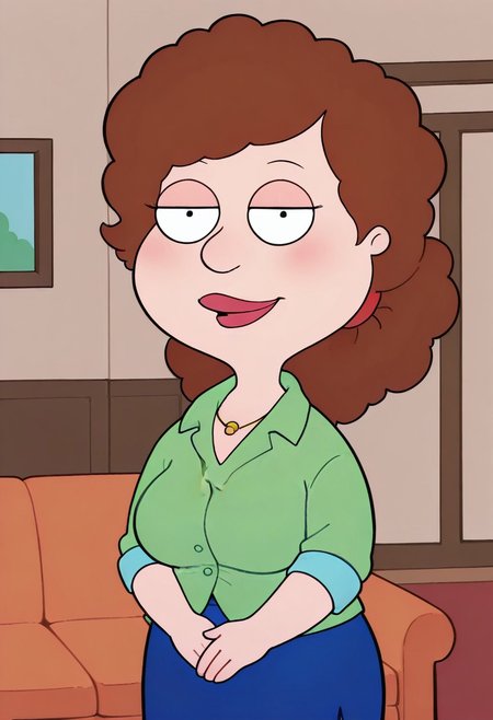 score_9, score_8_up, score_7_up, score_6_up, high quality, rounded eyes, style parody, cartoon style, 1girl, solo, living room, couch, indoors,
BREAK
unnamed girl, brown hair, black eyes, (mature female:1.5), (plump:1.2), large breasts, gigantic hips, green sweater, rolled up sleeves, blue skirt, stockings, own hand together, blush, smile, looking at viewer, long skirt, half-closed eyes, necklace,