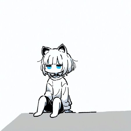 best quality, very aesthetic, absurdres, (limited palette, jaggy lines:1.2), (negative space:1.4), ([gray|blue]:1.2) theme
1girl, solo, white hair, short hair, cat ears, wolf ears, blunt bangs, blue eyes, black choker, (jitome:1.2), white oversized shirt, shorts, long sleeves, siting on (stairs:1.1), 
<lora:Margin:1>, <lora:Wolf_Cut:0.7>