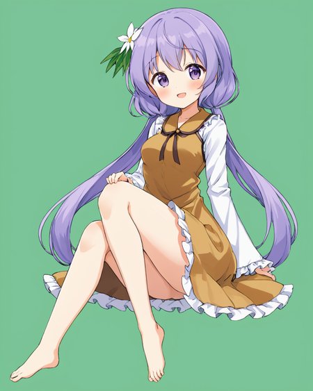 tsukumo benben,1girl, solo, hair_flower, smile, barefoot, long_sleeves, looking_at_viewer, sitting, blush, open_mouth, low_twintails, brown_dress, frilled_dress, frilled_sleeves, medium_breasts, v_arms, green_background
<lora:tsukumo_benben_image916_2023-12-20-000015:1>,star-shaped_pupils,symbol-shaped_pupils,. gorgeous,key visual, vibrant, studio anime,award-winning, professional, highly detailed,high budget, cinemascope