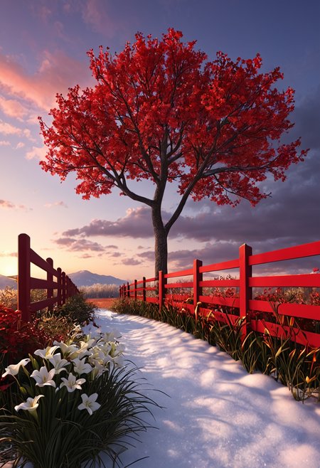 professional 3d model <lora:3vg3nylushp1n:1>,3vg3nylushp1n,evgeny,lushpin,scenery,, autumn, bare tree, branch, cloud, cloudy sky, evening, field, flower, gradient sky, horizon, leaf, lily \(flower\), mountain, mountainous horizon, no humans, orange sky, outdoors, plant, potted plant, red sky, scenery, sky, sun, sunset, torii, tree, twilight, water, white flower, a red fence with flowers growing between it and a snow covered field behind it with a red fence and a red fence with a red fence, Evgeny Lushpin, warm colors, a colorized photo, folk art . octane render, highly detailed, volumetric, dramatic lighting