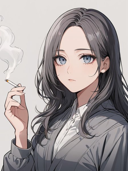 masterpiece,ultra-detailed,best quality,8K,illustration,cute face,clean skin ,shiny hair,girl,ultra-detailed-eyes,simple background, <lora:add-detail-xl:1> <lora:smoking_XL_V1.0:0.8> smoking, holding cigarette, smoke