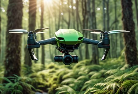 award winning, (professional photo) of (agile palm-sized green drone) with carbon-fiber body, propeller-driven,   the drone is flying over  a serene forest, with dappled sunlight, trickling streams, soft moss, peaceful glades, at dusk, , creative, beautiful, vibrant, masterpiece, 64k, UHD, HDR, full view, atmospheric lighting, extremely detailed