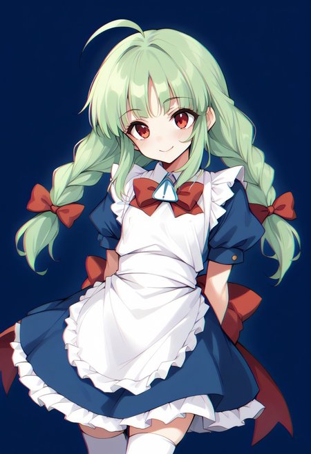 score_9, score_8_up, score_7_up, score_6_up, 1girl, solo, me-tan, bright green hair, ahoge, twin braids, blue dress, red bow, white apron, puffy short sleeves, flat chest, evil smile, red eyes, white thighhighs,  blue background, Retro glitch, dynamic pose, dynamic angle, dutch angle, glitchy, covered erect nipples, ((chromatic aberration:1.2)), bloomers