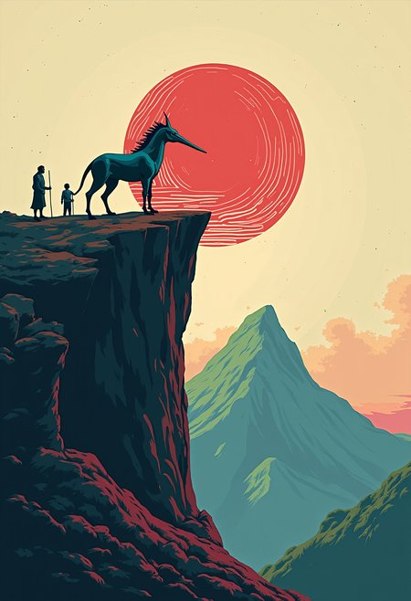 high quality, highly detailed, colorful, abstract shapes, fantasy, fantasy background, The image is an illustration of a mythical creature with a large, pointed head and a long, pointed nose. The creature appears to be standing on top of a rocky cliff, with a mountain in the background. The mountain is covered in a dark blue and green gradient, with hints of red and pink. The sky is a pale beige color, and the mountain is a lighter shade of blue.  In the center of the image, there is a large red circle with a white outline, which is the focal point of the illustration. The circle is filled with a pattern of lines and shapes, creating a sense of depth and dimension. On the left side of the circle, there are two figures, one of which is holding a staff and the other is standing on the edge of the cliff. The figures appear to be looking up at the mountain, as if they are searching for something. The overall mood of the artwork is mysterious and awe-inspiring.<lora:FLUX\Enhancer\flux.1_lora_flyway_Epic-detail_v2.safetensors:0.8:0.8> <lora:FLUX\Style\Pop_Art_Pusher.safetensors:0.6:0.6>