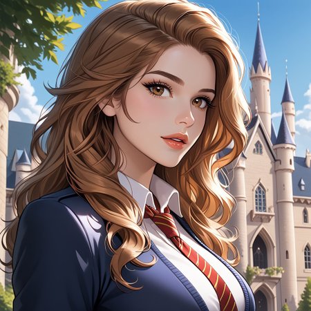 https://civitai.com/images/71069860
solo, (side view:1) masterpiece, best quality,masterpiece, best quality, good quality, very aesthetic, newest, 8K, depth of field, focused subject, BREAK, 1girl, hermione granger, brown eyes,close up, sexy lips, ecasagrande, looking at viewer, parted lips, flirty, 
(large breasts:1.2)
Hogwarts uniform, tie, school shirt,
Beautiful castle, trees, sunny, beautiful sky