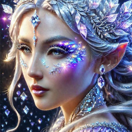portrait of an epoch elf,  wearing a ((fairy dress, crystalline dress)), she has long glittery silver hair, perfect elven face, symmetrical eyes, fine details best quality, hyperdetailed face, photorealistic, highest quality, best shadow, highly detailed. photography, professional, 4k, 8k HD, professional, purple colors, blue light, blue atmosphere