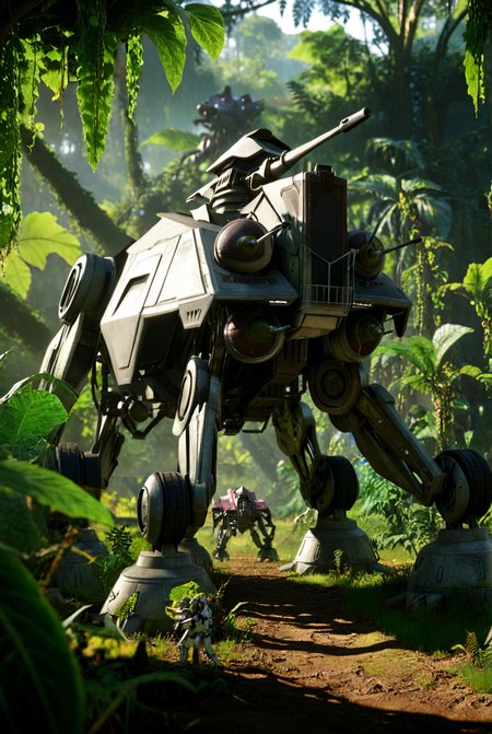 7-ATTE, walker, mecha, giant, field of view, jungle, vines, accurate proportions, sharp image  [reflections, accurate lighting, shadows, realistic, high quality photo, 4k, hd, smooth metallic surfaces, render, cgi]