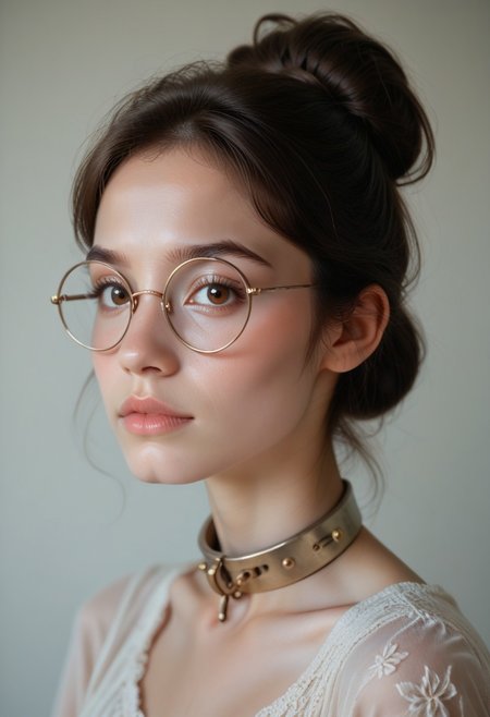score_9, score_8_up, score_7_up, score_6_up, photo, grainy, amateur, lowres, Tiaris, cute girl, 1girl, solo, small round glasses, ((bronze collar)), hairbun, brown eyes, portrait, looking at viewer, realistic, dark hair, close-up
