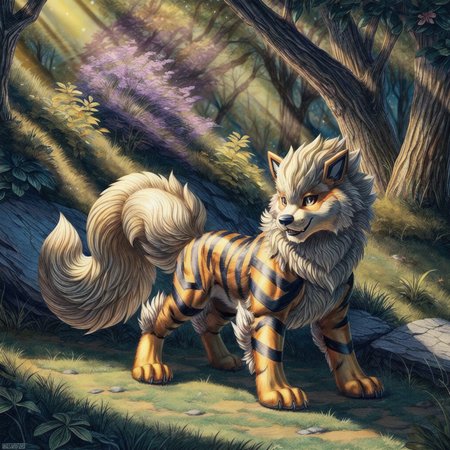 (((Arcanine, Pokmon, Animal,))), solo, single, Tiger, wolf, orange fur, fluffy, cuddly,   <lora:Arcanine - Pokmon:1>
(masterpiece, sidelighting, finely detailed, beautiful),  <lora:add_detail:1> <lora:hairdetailer:0.2>
In forest,