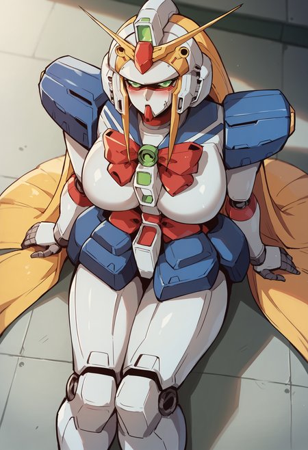 score_9, score_8_up, score_8, source_anime, 1girl, <lora:NobelGundamF:0.85> solo, huge breasts, robot, mecha, green eyes, no humans, long hair, very long hair, blonde hair, v-fin, bow, red bow, looking at viewer, sitting, from above, blush, 
(grasslands background), blurry background,