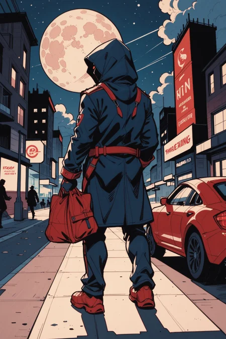 moon, motor vehicle, car, full moon, solo, night, black hair, sky, building, from behind, city, outdoors, coat, cloud, hood, standing, 1boy, night sky, walking, male focus, traditional media, road, cloudy sky, gloves, 1girl, short hair, science fiction, full body, <lora:Expressive_H:0.5>, score_9, score_8_up, score_8_up, a_Comic_Illustration, rough lines with ink, (drawn:1.1), (sketch:1.5), (crosshatching:1.25), (comic style:1.1), graphic novel style, sharp lines, hires, zstyle, (western comics \(style\):1.1), (hatching \(texture\):1.2), zPDXL, Mr_Monster_Possitive