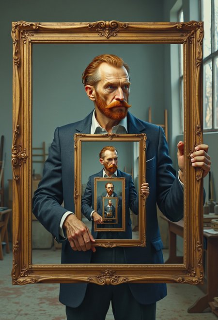 A surreal, recursive painting, depicting a middle-aged Vincent Van Gogh with short brown hair, a neatly trimmed beard, and a contemplative expression. He stands in a relaxed pose, holding a large ornate wooden frame containing a painting of himself in the same pose, holding an identical frame. The nested paintings continue infinitely, each layer slightly smaller and more detailed, creating a mesmerizing fractal effect. The man wears a tailored navy-blue suit with a crisp white shirt, his posture upright yet casual, one hand resting on the frame's edge. The background is a minimalist art studio with soft natural light streaming through large windows, illuminating dust particles in the air. The color palette features muted tones of blue, beige, and gold, with intricate textures on the wooden frames and the man's clothing. The composition is centered, with a shallow depth of field that blurs the infinite layers of paintings, emphasizing the endless loop. The atmosphere is calm yet thought-provoking, evoking themes of self-reflection and infinity. Inspired by M.C. Escher's recursive illusions and hyper-realistic art styles.