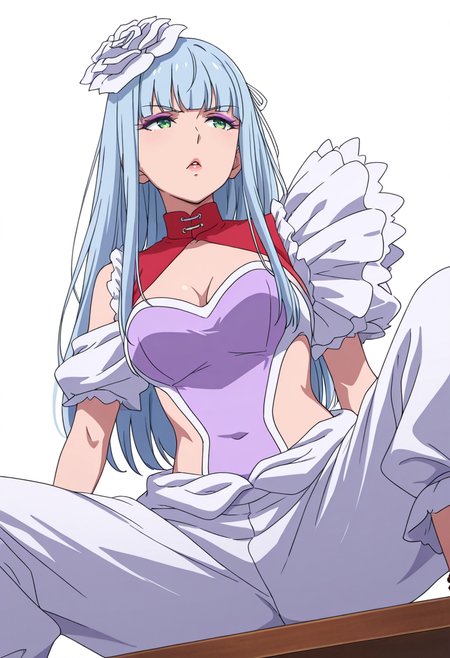 Smooth Quality,masterpiece,very intricate, high quality details, ultra realistic, high detailed skin,detailed enviorement,absurdres,
 <lora:Manami_Supernova_CNR:0.8> manami_cnr, 1girl,blue hair, long hair, blunt bangs, green eyes, makeup, lipstick,white flower,hair flower, hair ornament,, simple background, white background, from below,solo,
sitting sideways on surface, legs dangling, one arm supporting weight  ,, diamond mouth,, shrug,  ,lace-up top,  ,baggy pants, ,