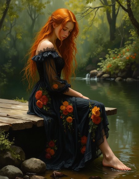 masterpiece, high quality, Oil Painting, Hyper-realistic, hyper-detailed picture of a petite teen English princess with long, bright red hair sitting on the edge of a wooden platform by a calm stream, dipping her bare feet into the water; wearing a flowing, black floral Victorian dress adorned with bright orange, yellow, and blue flowers, loose sleeves and fabric draping elegantly around her; serene and contemplative expression as she gazes downward, soft sunlight filtering through the surrounding trees casting gentle highlights and shadows across her face and clothing; lush green forest background with blurred foliage, the stream reflecting dappled light, enhancing a tranquil and natural atmosphere; highly detailed textures on the fabric, water ripples, and wooden surface, capturing a peaceful moment immersed in nature. The painting shows shadow and light, Masterpiece, intricate lines, intriguing atmosphere, sharp magnificent details, delicate features, elaborate details, (2\3 rule composition:0.5), ultra detailed, romantic, Rembrandt lighting, brush stroke, lovely, del1cate_balance style, novuschroma, in the style of Rembrandt. vantablack <lora:style_of_Rembrandt_FLUX_135:.8> <lora:- Flux1 - vanta_black_V2.0:.8> <lora:Delicate_Balance:.3> <lora:neeeg_f1:-1> <lora:113_novuschromaFLX_1:.4>