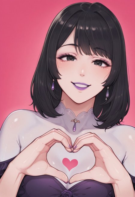 valentine,  1girl, solo, medium build, medium hair, sfw, safe for work, covered skin, flowy dress,  black eyes, purple lipgloss, smiling, portrait, upper body, heart hands, foreshortening, detailed, newest,