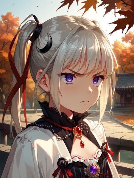 (upper body, solo focus:1.2) <lora:happy_tentacle-kuon-v0.2-000030:0.8>, ht_kuon, magician, hair ribbon, crescent hair ornament, jewelry, flat chest (petite:1.2), <lora:Shed_The_Skin's StS_age_slider_v1_initial_release:-1> ( :1.1) ( , , (angry :1.2) , , looking up :1.1) , outdoors, vegetation, (overgrown :1.1), autumn , (dusk :0.6), , (:0.5), , (east asian architecture :0.9) ( :0.8) score_9, score_8_up, score_7_up, score_6_up, score_5_up, score_4_up, ( [(realistic, photorealistic:1.3):(realistic:1.2):16] [(3d:1.2)::14] :1) <lora:LUUNA's Lunas-NijiJourney-SDXL-B2:0.35>, nijijourney <lora:prgfrg23's Counterfeit-V3.0 Style SDXL_LoRA_Pony Diffusion V6 XL:0.5> <lora:mfcg's mfcgXL:0.12> <lora:reweik's gyokai(himehajime)_PonyXL_style_v01:0.14>