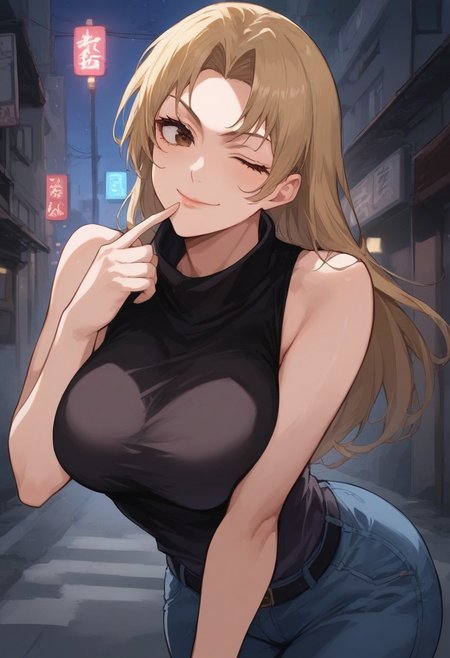 score_9, score_8_up, score_7_up, source_anime,  uncensored, <lora:Viper_Risen-000014:1>, v1p3r1seV6, BREAK, 1girl, long hair, brown eyes, Yuki Tsukumo, sleeveless, sleeveless turtleneck, black shirt, denim jeans, black belt, big breasts, curvy, big ass,  seductive smile, seductive eyes, smile, looking at viewer, solo, cowboy shot, dynamic pose, one eye closed, wink, smile, closed mouth, finger to mouth, leaning forward, outdoors, city, street, shibuya, japan, night,