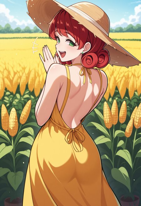 masterpiece, best quality, solo, 1girl,  <lora:NSPennyStardewIllu:1> NSPennyMisc, green eyes, medium hair, red hair, curly hair, green stud earrings, yellow sundress, from behind, looking back, backless dress, garden, outdoors, straw hat, happy, corn field, laughing, clapping