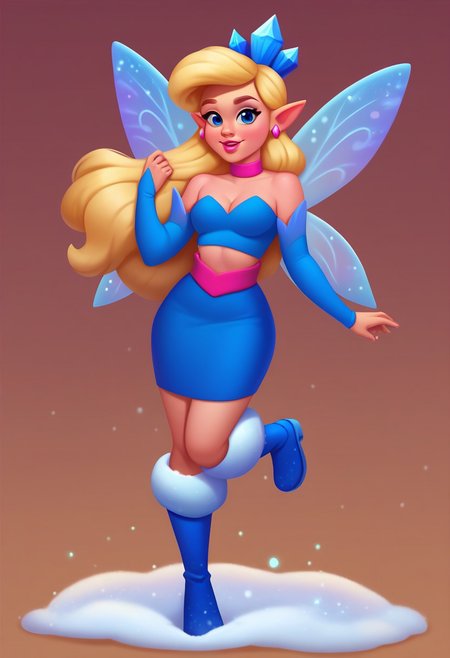 score_9, score_8_up, score_7_up, casual game art style, casual game art, mobile game art, merge 3 game art, character design, casdst, 1girl, blonde hair, solo, blue eyes, pink earrings, jewelry, winter fairy, blue over-the-knee boots, pointy ears, long hair, fairy wings, blue skirt, detached sleeves, blue crystal crown, blue crop top, pink choker, pink lips, standing on one leg, dark blue background, snow, handfixer