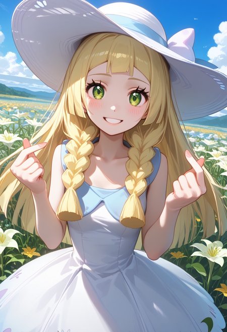 score_9, score_8_up, score_7_up, highest quality, extremely detailed, 4k, 8k, amazing quality, masterpiece, BREAK,
Expressiveh, BREAK,
zzlillie, long hair, braid, sun hat, white headwear, collarbone, sleeveless dress, white dress,
(1girl), 
expressive eyes, perfect face, looking at viewer, beautiful detailed eyes, blushed, cute face, tilt head, 1girl, solo, cowboy shot, dynamic pose, dynamic angle, small breasts, cute smile, blushed, double finger heart 
BREAK,
outdoors, grassland, meadow, flower bed, lillies