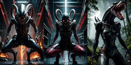(otherworldly), highly insanely detailed, masterpiece, top quality, best quality, highres, 4k, 8k, RAW photo, (very aesthetic, beautiful and aesthetic), 
__lazy-wildcards/cosplay-char/alien-predator/xenomorph/prompts__, 
<lora:FemXeno:0.5>, 
(1girl:1.3), eyes focus, 
__lazy-wildcards/dataset/background__,âââ