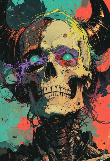(cksc, highly detailed, hyper realistic) This digital painting depicts an intense, atmospheric portrait featuring a surreal skeletal figure with a pale, gaunt face. The extreme close-up focuses on a single glowing pale green eye embedded within smooth bone, surrounded by exaggerated dark violet markings, with bold streaks of copper and turquoise running from the eye like smeared paint. The stark white skull contrasts with abstract streaks of pastel yellow, electric blue, and iridescent rose flowing across the forehead and jaw, forming organic ripple-like patterns. The jagged mouth is filled with polished silver teeth, adding an unsettling elegance. Fine obsidian black lines accentuate the bone structure, enhancing the sinister expression. Two large, curved dark teal horns extend upward and outward from the head, engraved with subtle geometric patterns. Wisps of shadowy hair streaked with neon lime and sapphire sweep across the figure, blending into abstract swirling textures that dissolve into the borderless, ethereal background. There is no visible background — only seamless gradients of soft cyan, faded coral haze, and shimmering gold streaks that flow outward, immersing the skeletal face in an endless surreal dreamscape. The composition is painted with fluid, textured brush strokes, emphasizing emotional depth and surreal beauty.