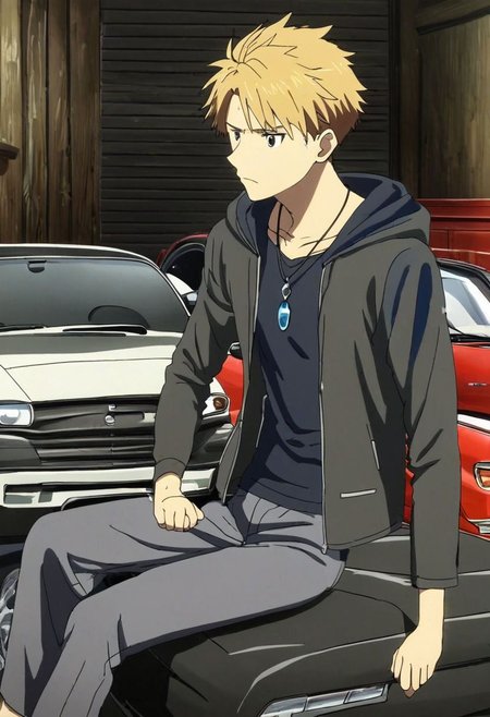 high resolution, solo, best quality, 1Boy, Yamato Ishida, Blond Hair, Necklace, lounge suit, hood,  car garage,  OverallDetail